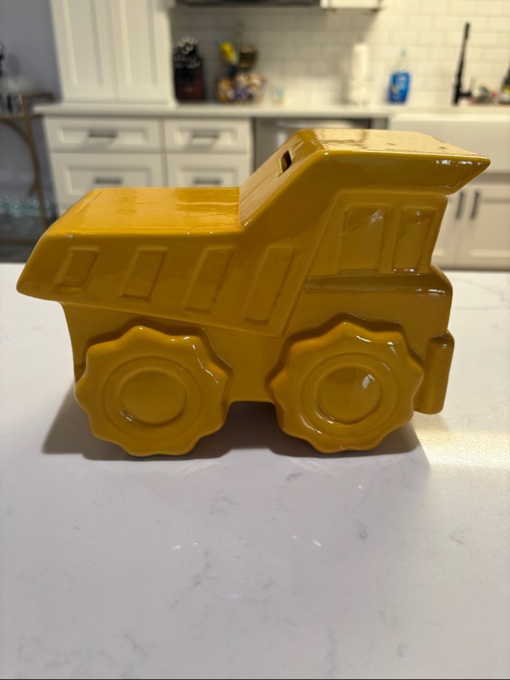 Yellow Ceramic Dump Truck Coin Bank - Kids Vehicle Piggy Bank